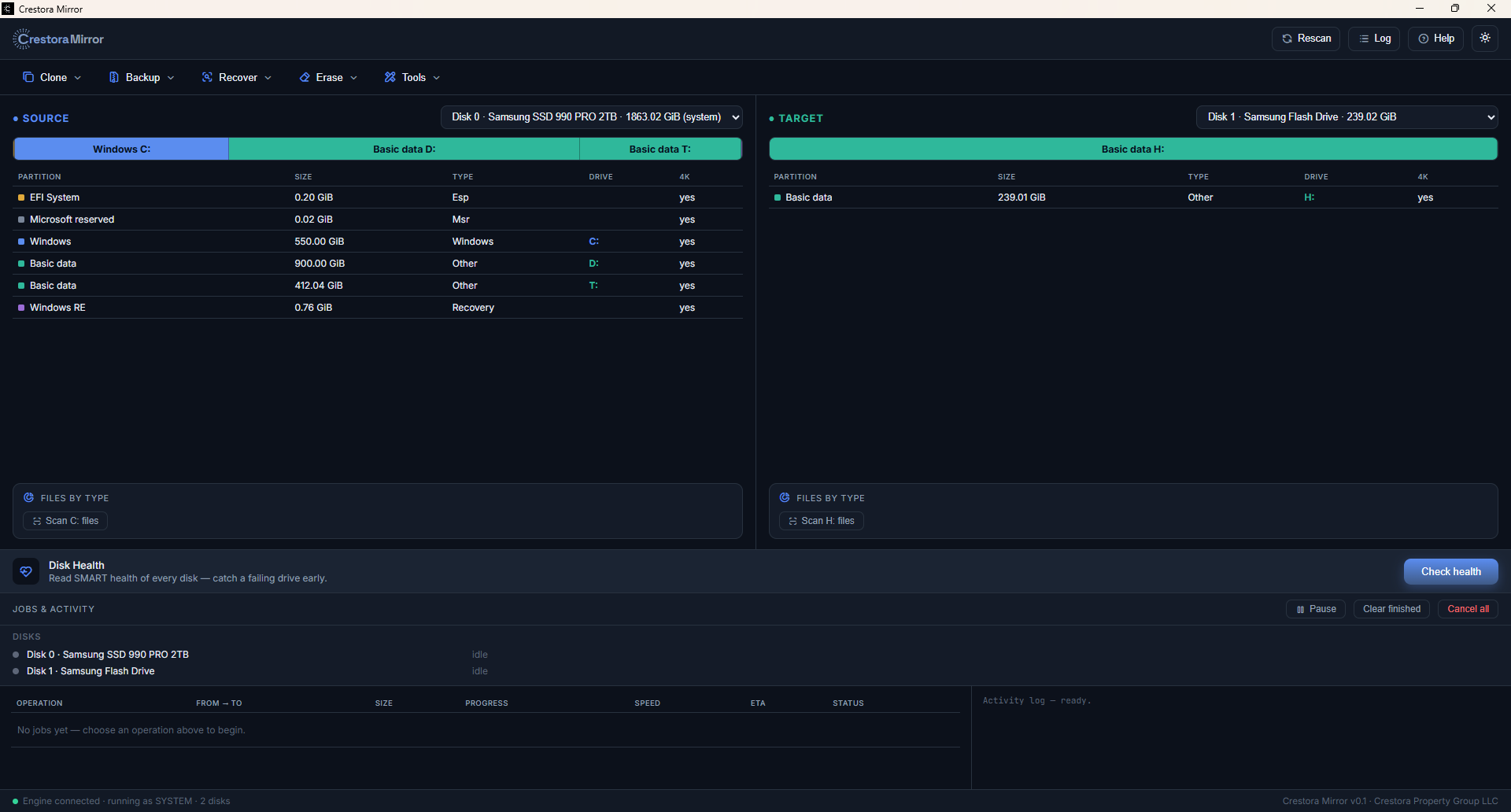Crestora Mirror — source/target disks, partitions, jobs & activity