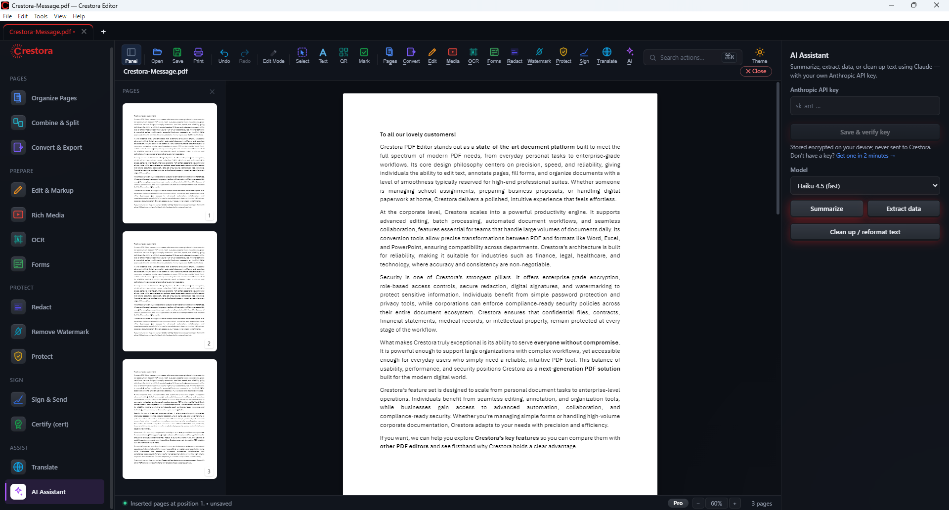 Crestora PDF Editor — AI Assistant panel
